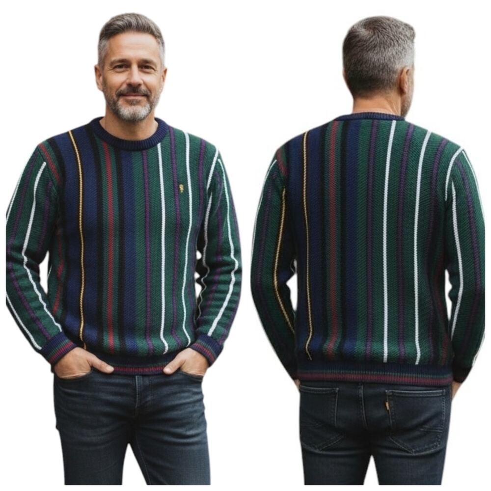 Chaps Ralph Lauren Vintage Stripe Rib Knit Sweater Made USA Size XL  F365